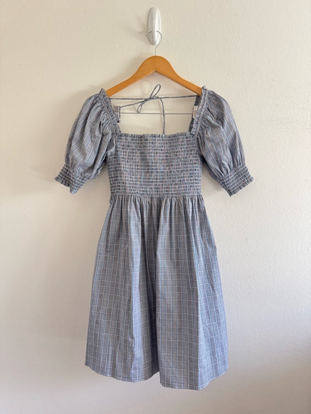 Hill House Athena Gray Blue Plaid Puff Sleeve Smocked Mini Nap Dress size XS